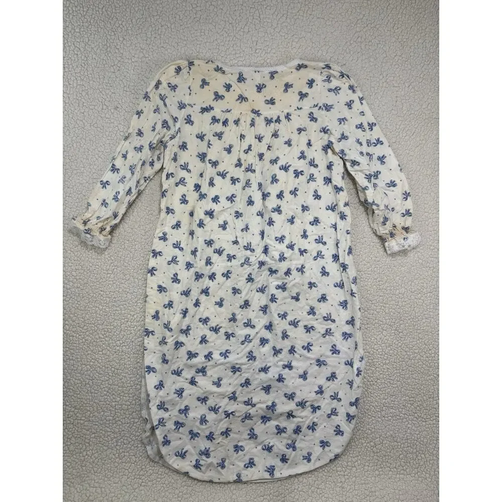 Vtg Willow Creek Flannel Nightgown‎ Sleep Dress Bows Lace Cottage Granny Modest